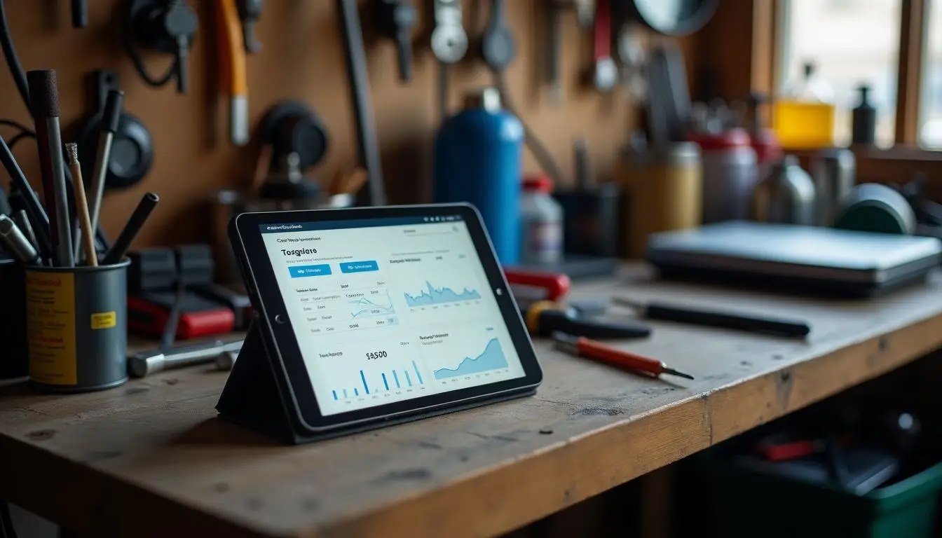 A cluttered workbench in a garage with scattered tools and a performance tracking tablet.