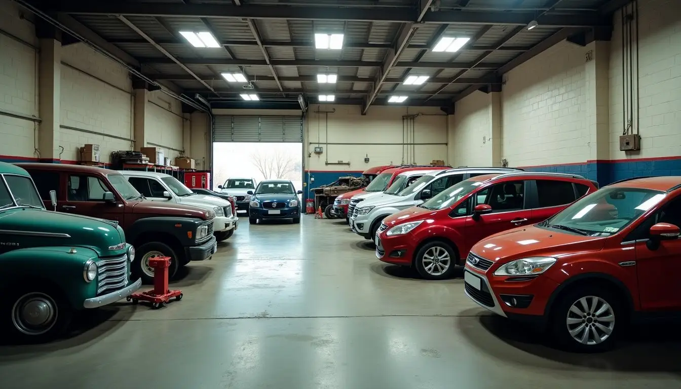 A cluttered service department with parked vehicles and scattered tools.