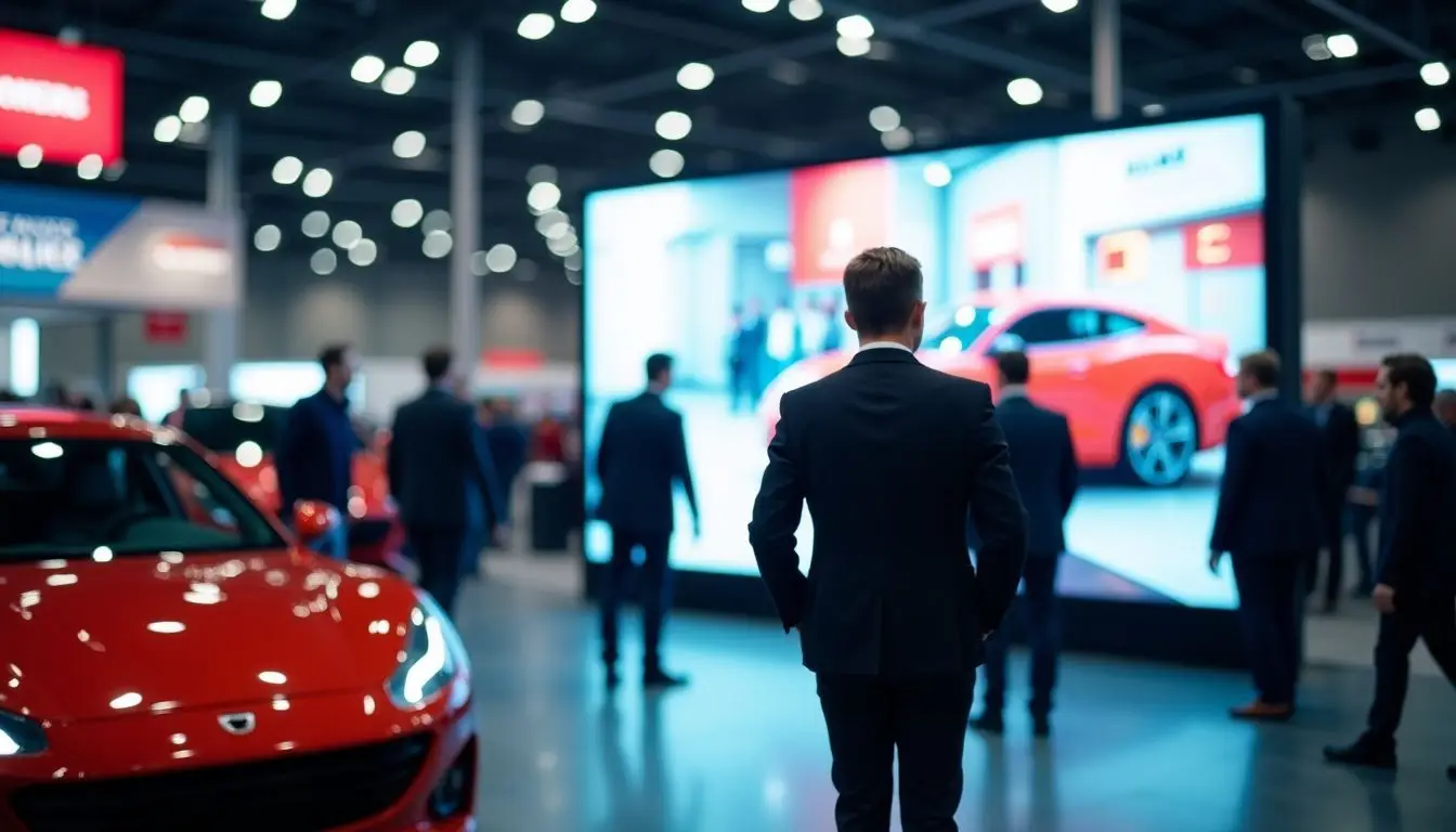 A digital sign displays engaging content at an automotive trade show.