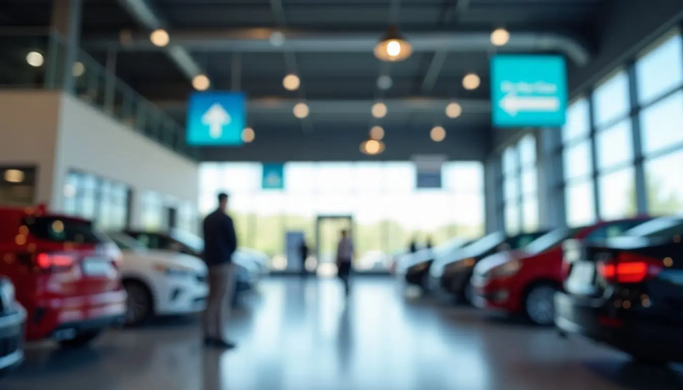 A modern car dealership showroom with digital signs and inviting atmosphere.