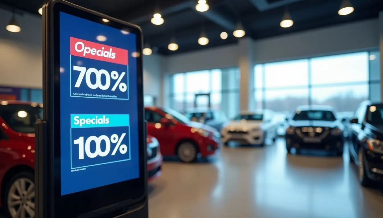 A car dealership showroom with digital sign and sleek decor.