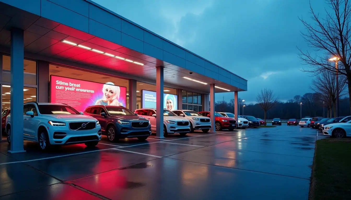 A modern car dealership service drive with digital signs and sleek design.