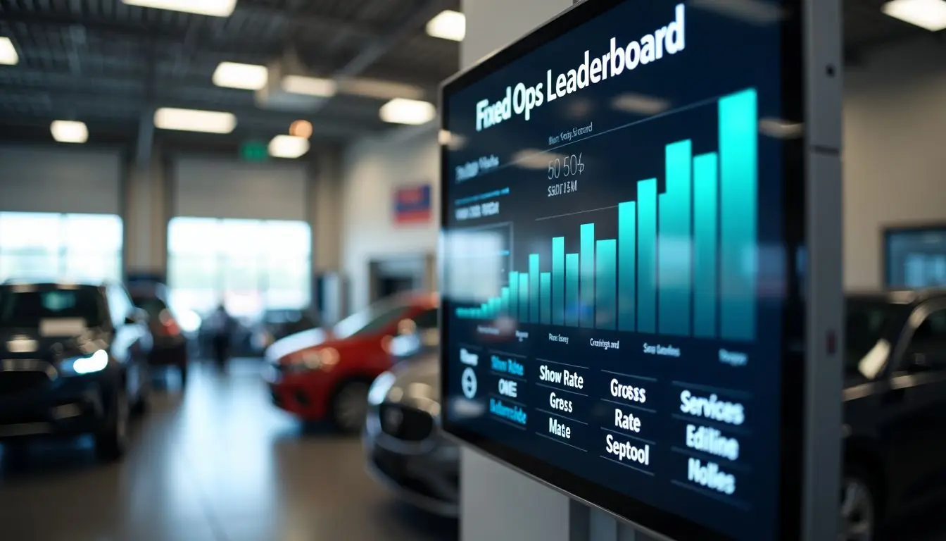 A modern dealership service center with tools and a digital leaderboard.