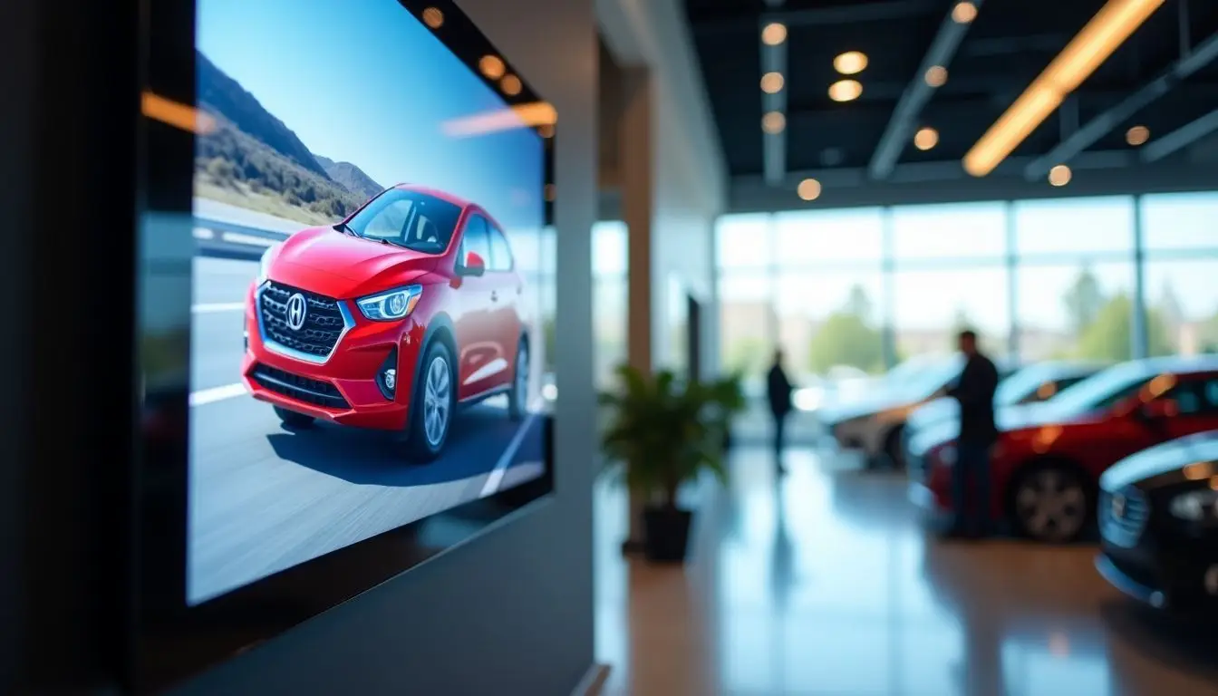 An automotive dealership showroom with colorful car advertisements and modern decor.