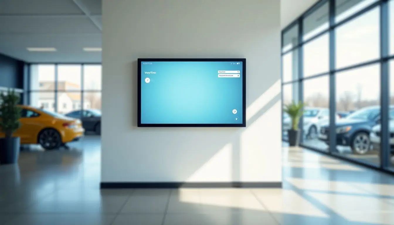 A modern digital wayfinding display in a spacious dealership showroom.