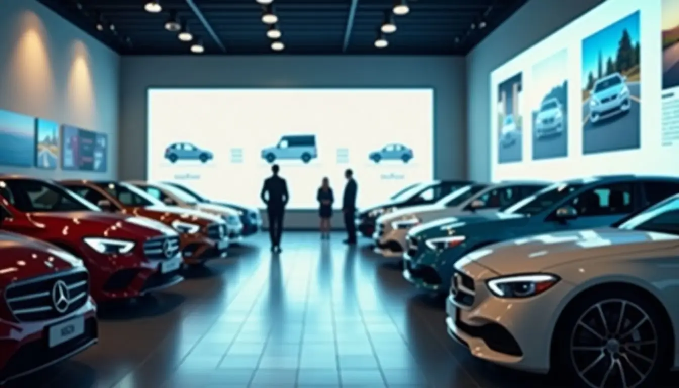 A modern car showroom with digital screens and sleek design.