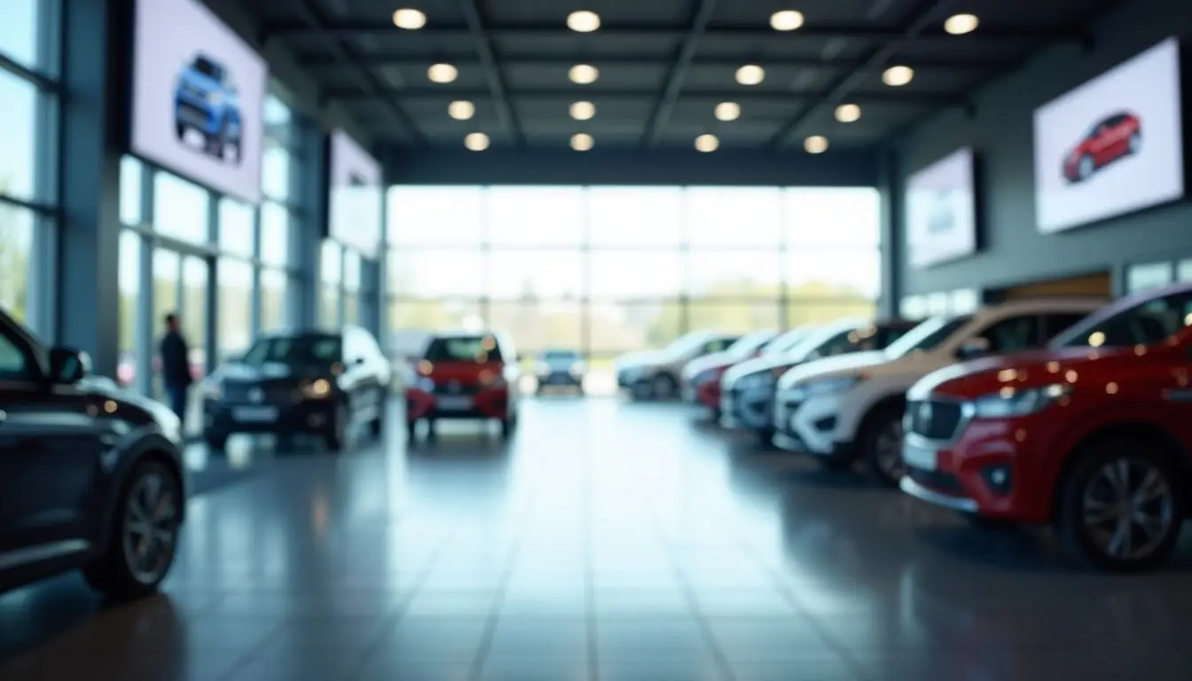 An empty, modern car dealership showroom with digital product displays.