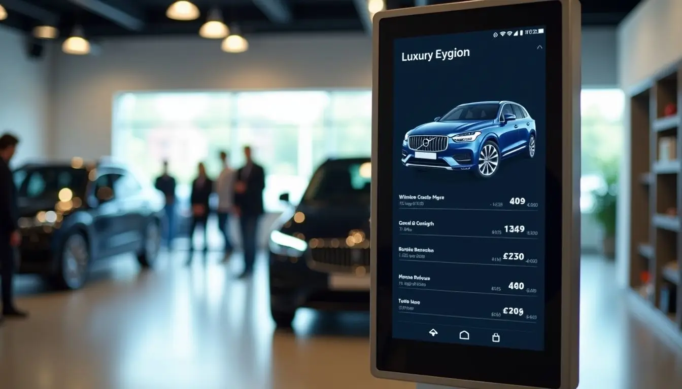 A digital sign displays luxury vehicle features and prices in a modern automotive store.