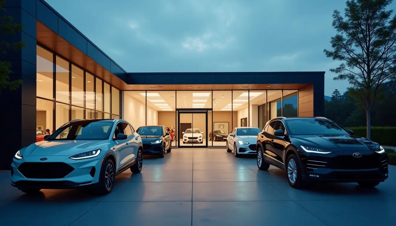 A modern car showroom with high-end vehicles on display at dusk.