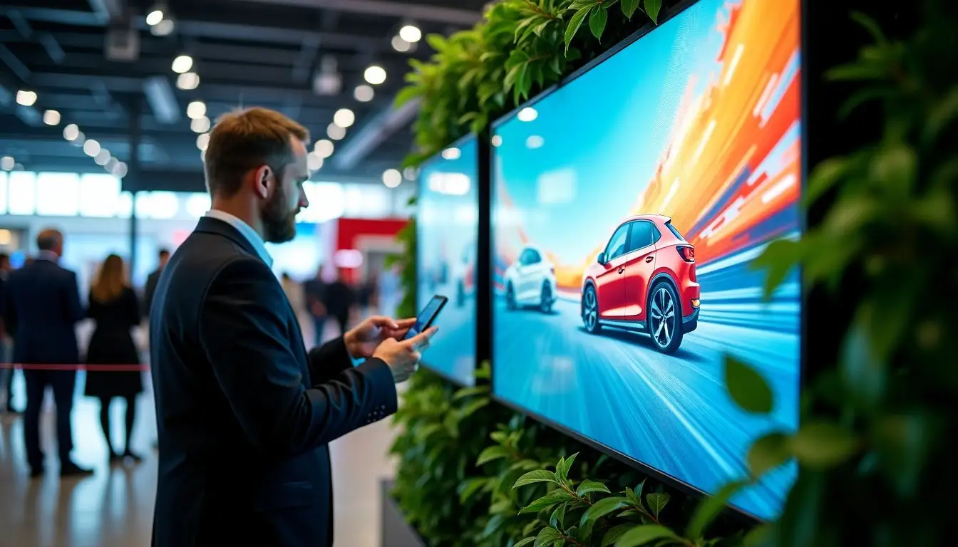 A trade show display featuring vibrant graphics and live plants.