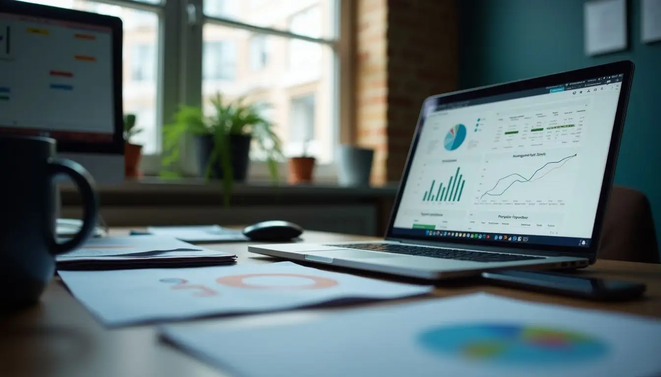 A cluttered office desk with a laptop showing performance graphs.