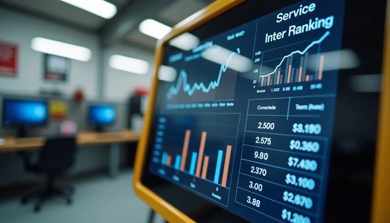 Real-time service metrics and technician rankings displayed in automotive service center office.