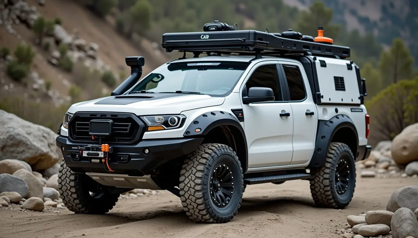 A modern field service vehicle equipped with advanced technology in rugged terrain.