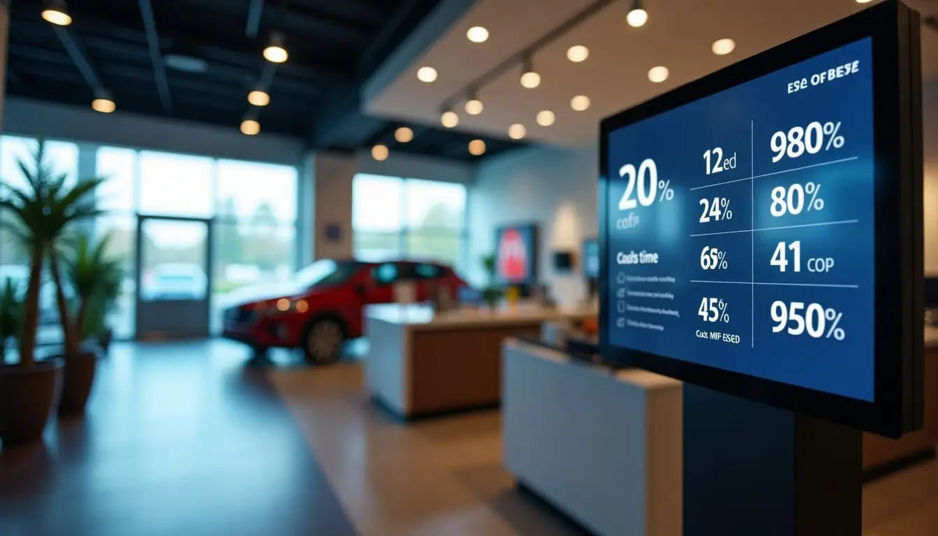 The modern digital signage in an automotive showroom displays real-time sales data.