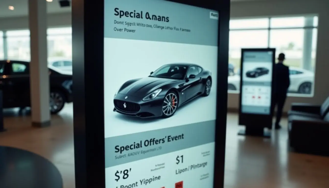 A digital sign in a showroom displays special offers for a luxury car.