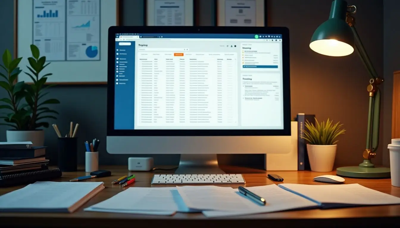 A cluttered office desk with computer screen and training materials.