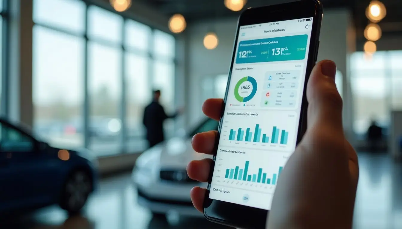 The image shows a digital business dashboard in a car dealership office.