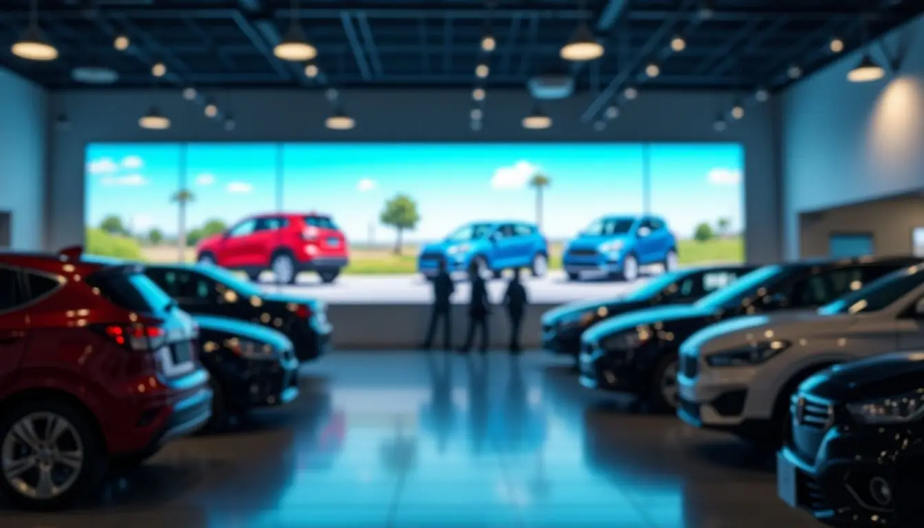 A digital LED display showcases new vehicle models in a car dealership showroom.