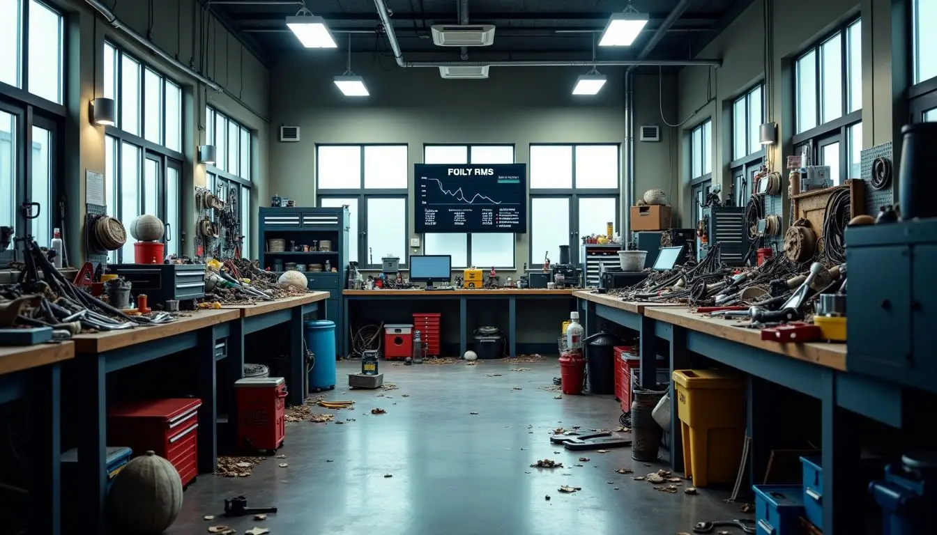 An untidy automotive workshop with tools, clutter, and digital leaderboard.