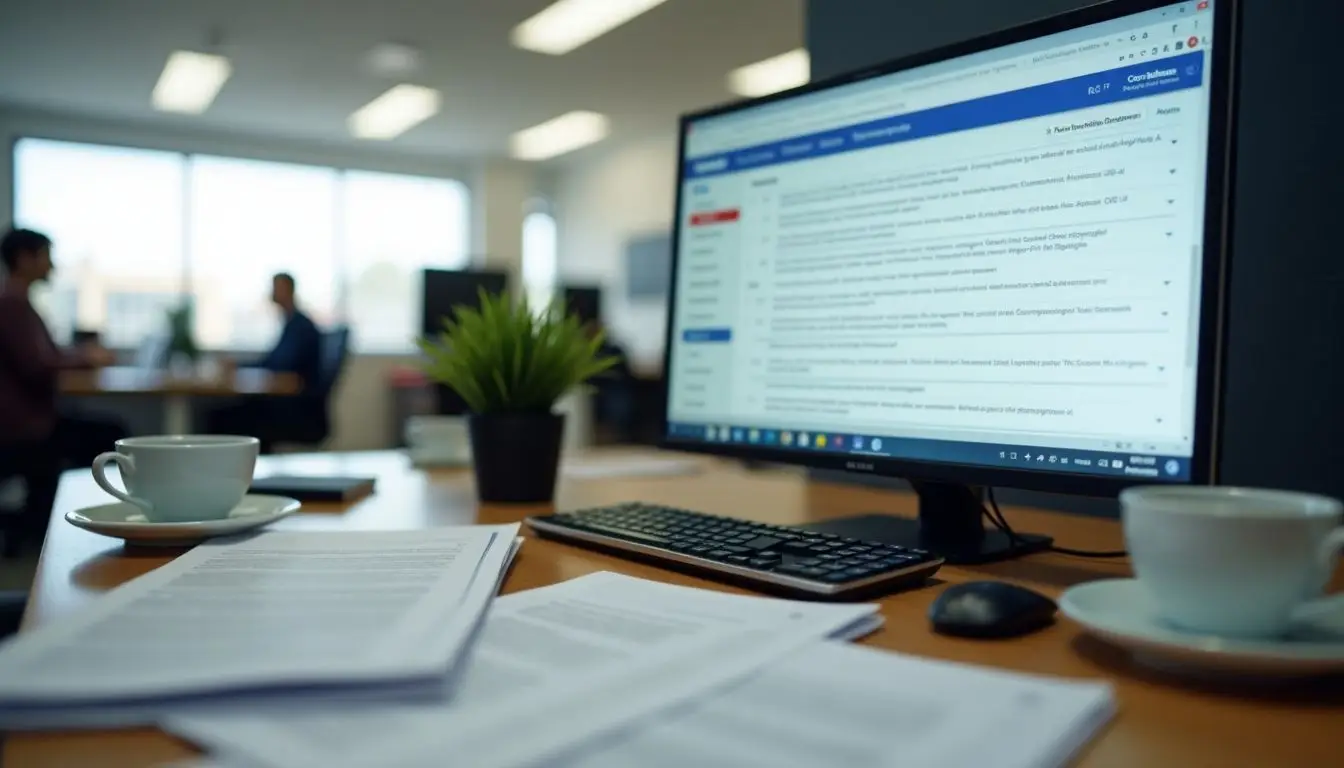 A cluttered car dealership office with CRM manuals and unanswered emails.