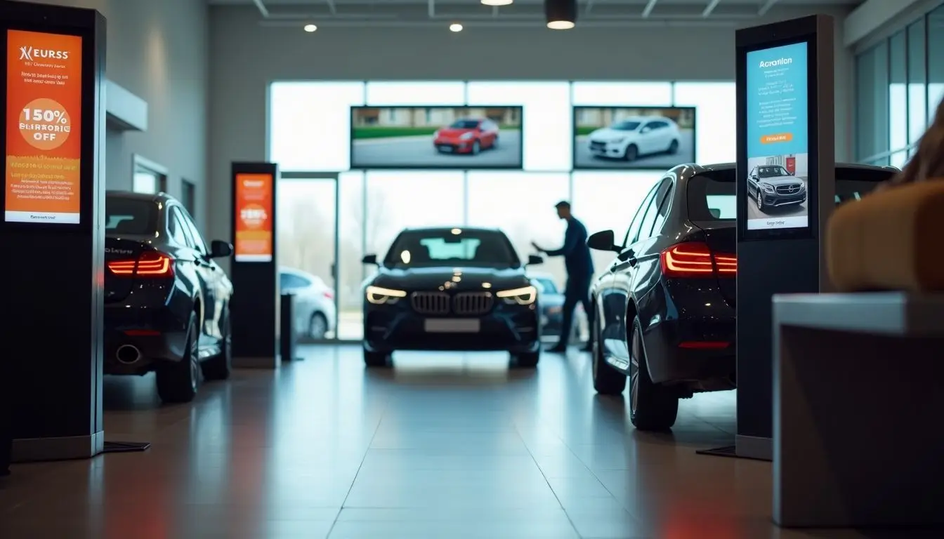 A modern car dealership customer lounge with digital signs and comfortable seating.