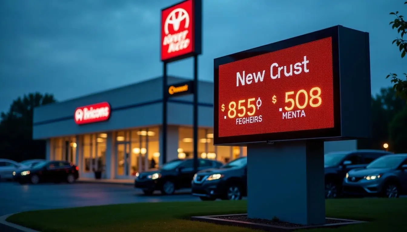 A digital sign outside a car dealership showcases new car offers.