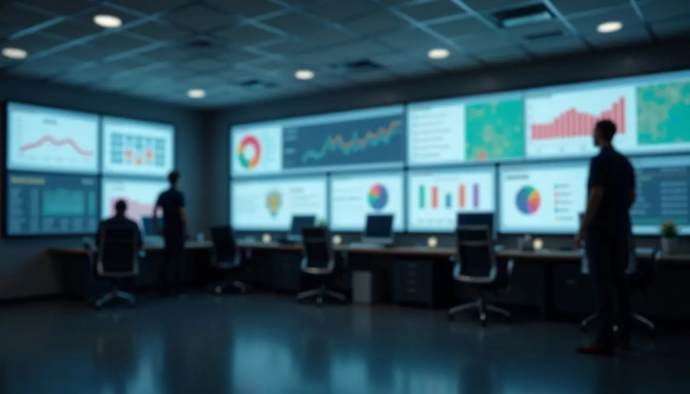 An organized control room with multiple screens displaying real-time tracking data.