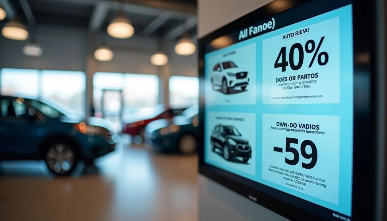 A digital sign in an automotive store displays vehicle models and prices.