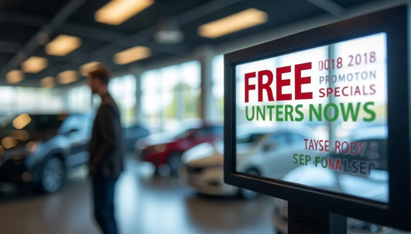 A digital sign in a car dealership showroom displays colorful promotions.