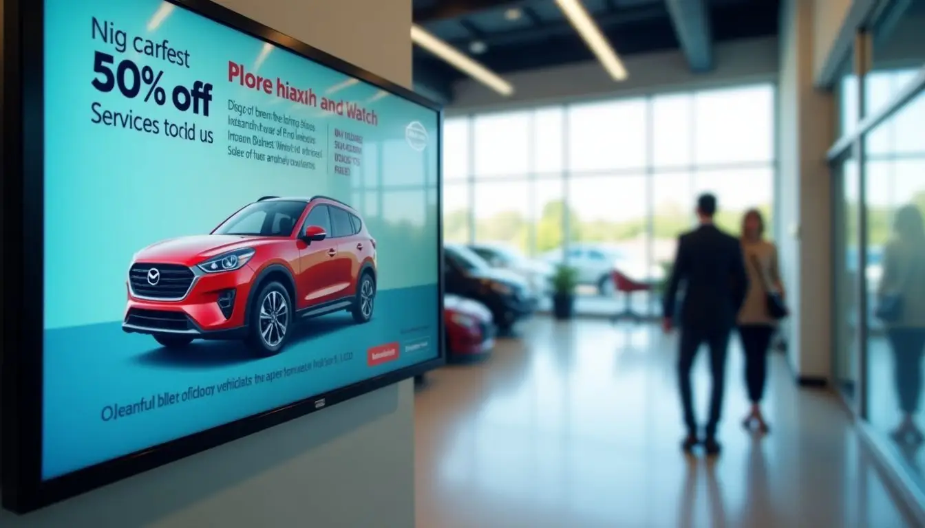 A digital display board in a car dealership showroom showcasing vehicle promotions.