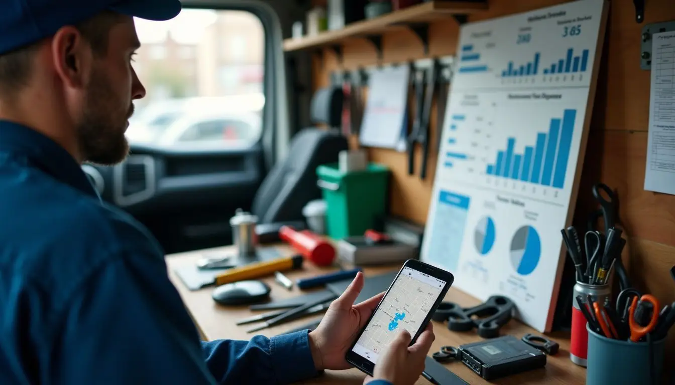 A cluttered work van filled with tools, analytics charts, and a map.