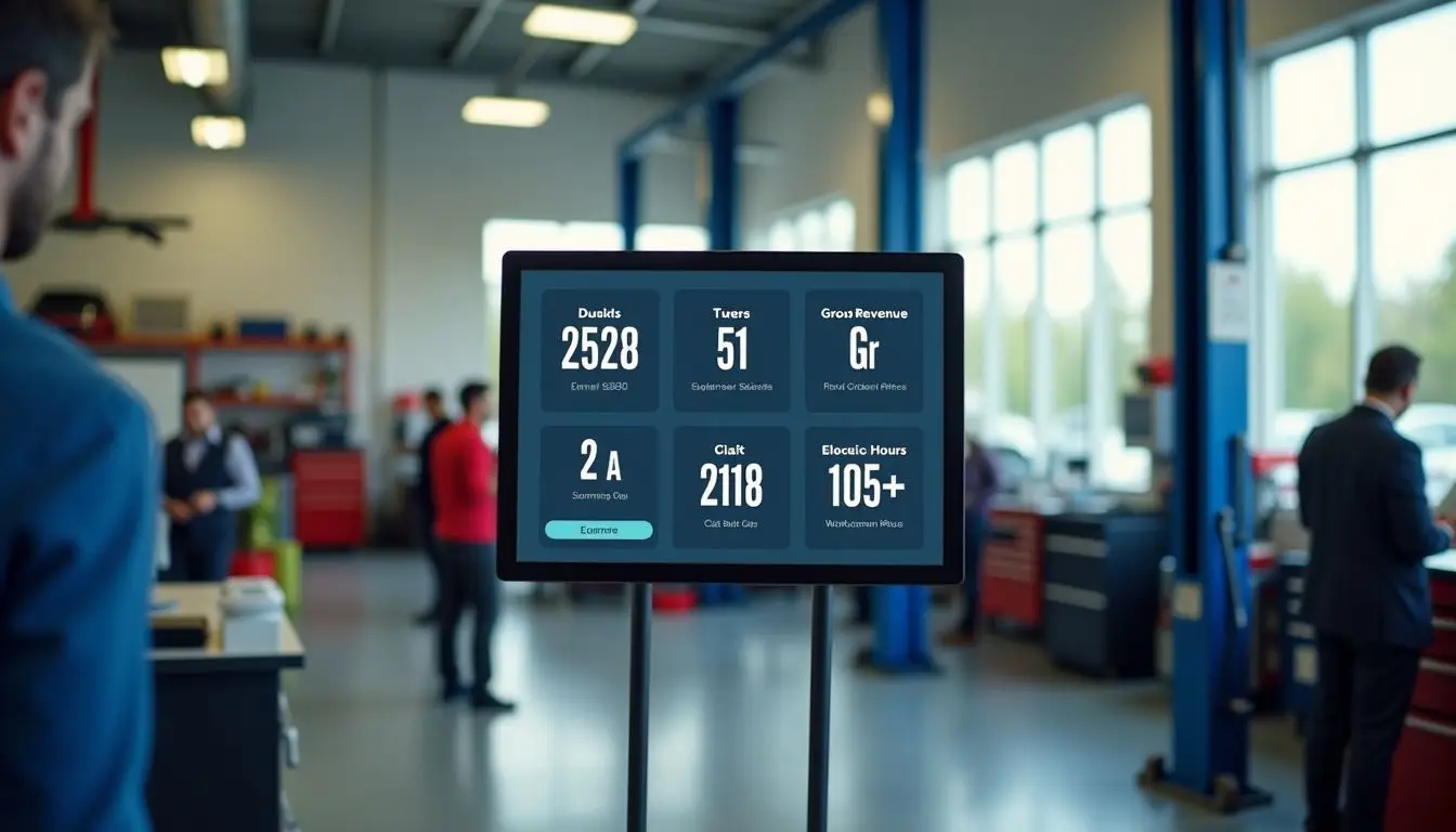 A well-organized service department with a digital leaderboard for performance metrics.