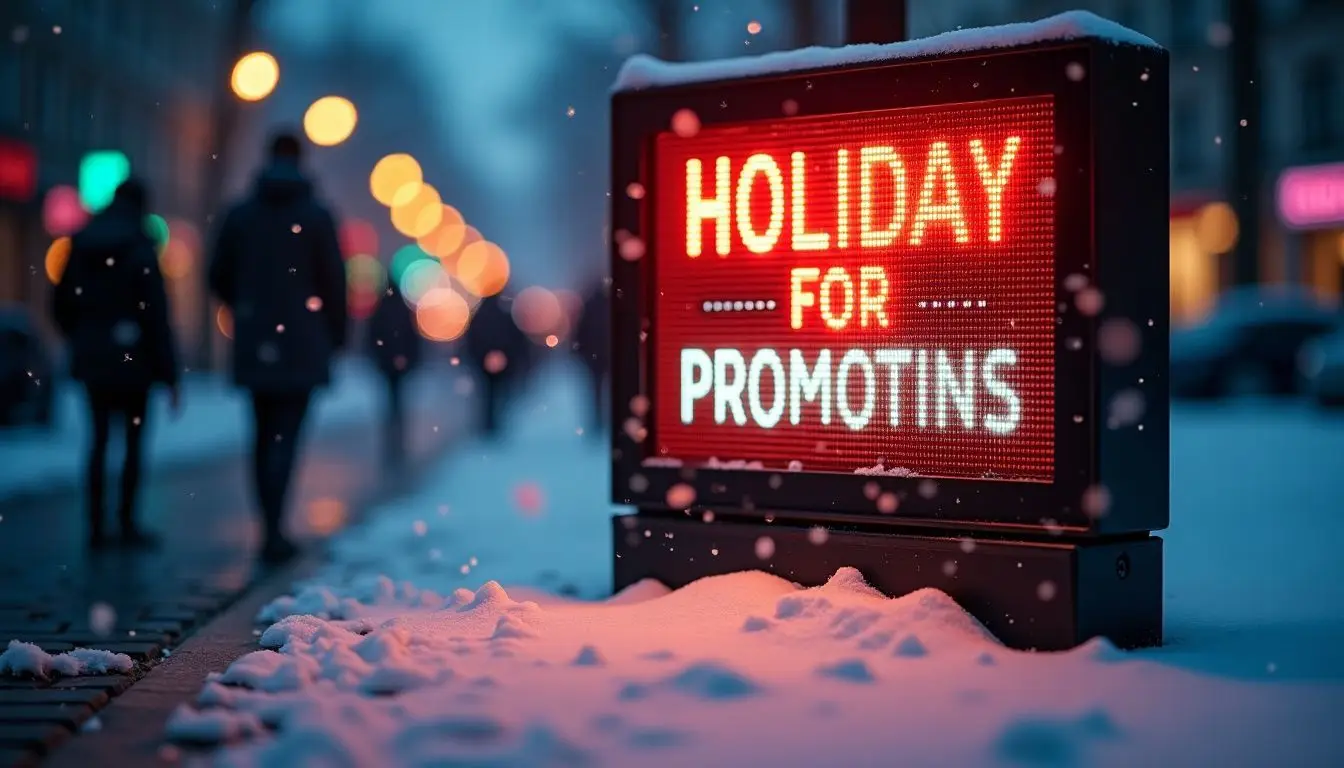 A digital sign displays holiday promotions with a wintry background.