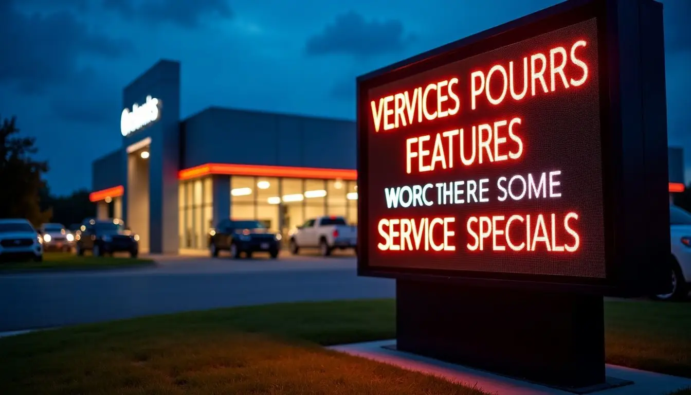 A dealership's digital sign displays vehicle features and service specials.