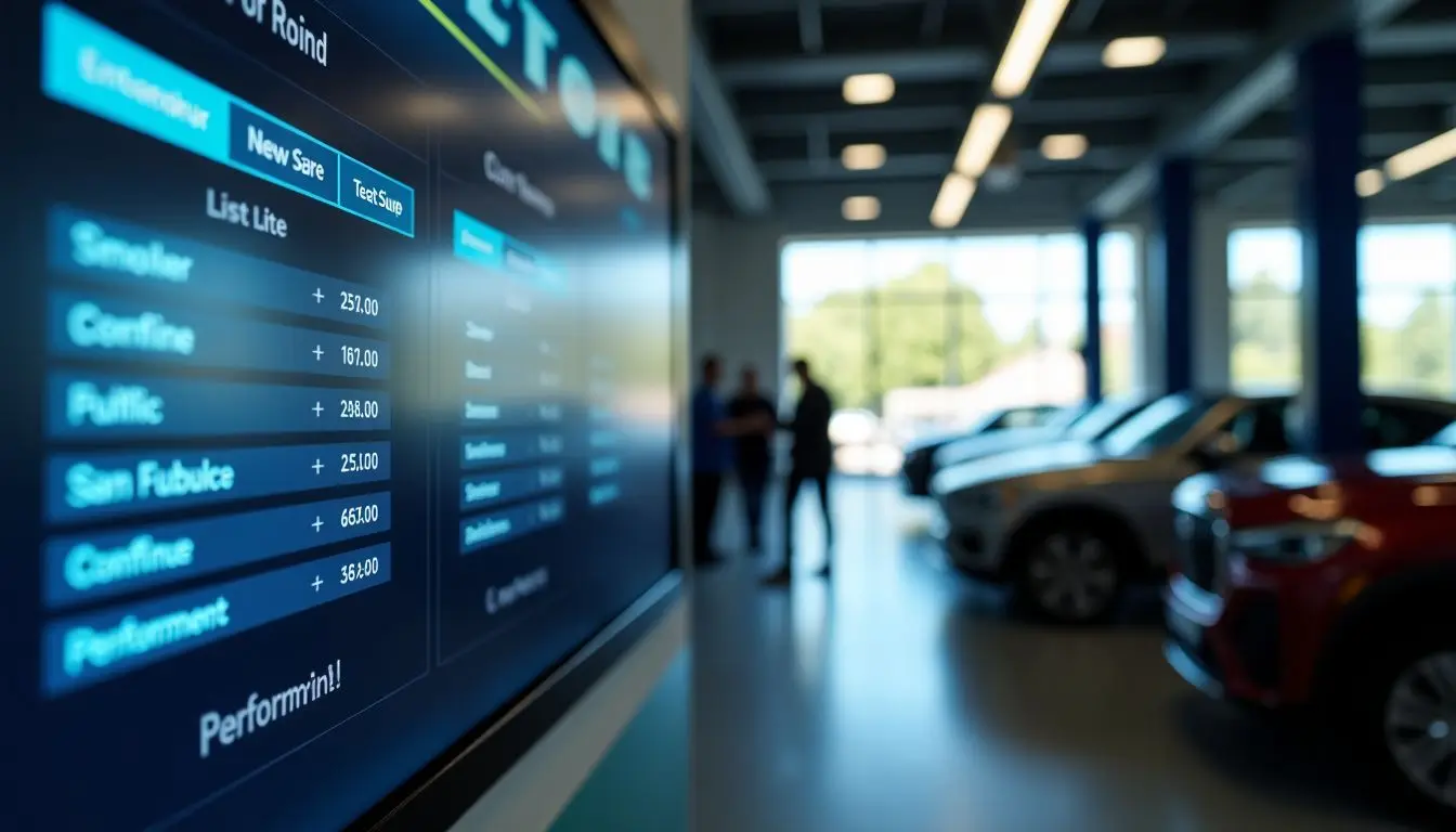 A digital leaderboard in an auto service center displays performance rankings.