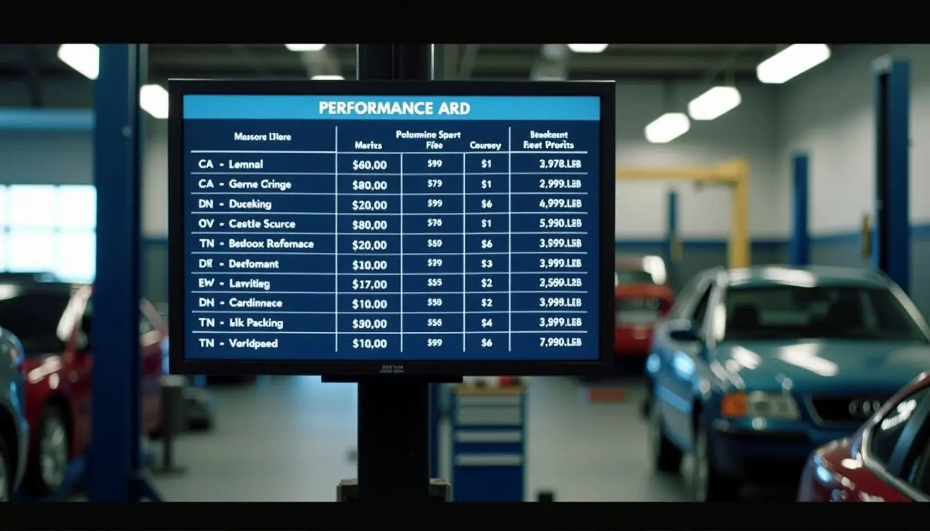 An overhead view of a digital Fixed Ops Leaderboard surrounded by automotive tools in a service department.