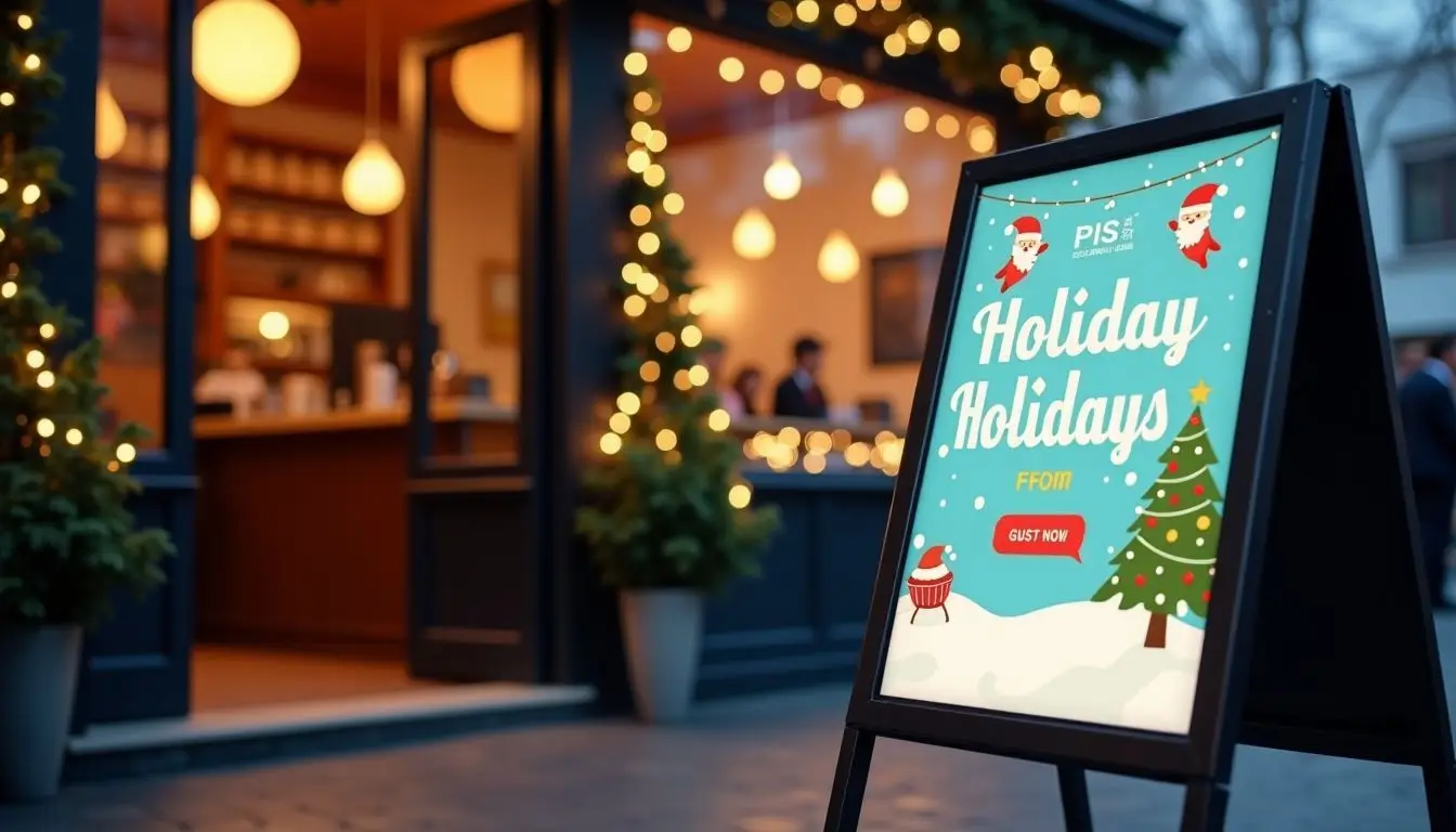 A cozy coffee shop uses digital signage for holiday promotions.