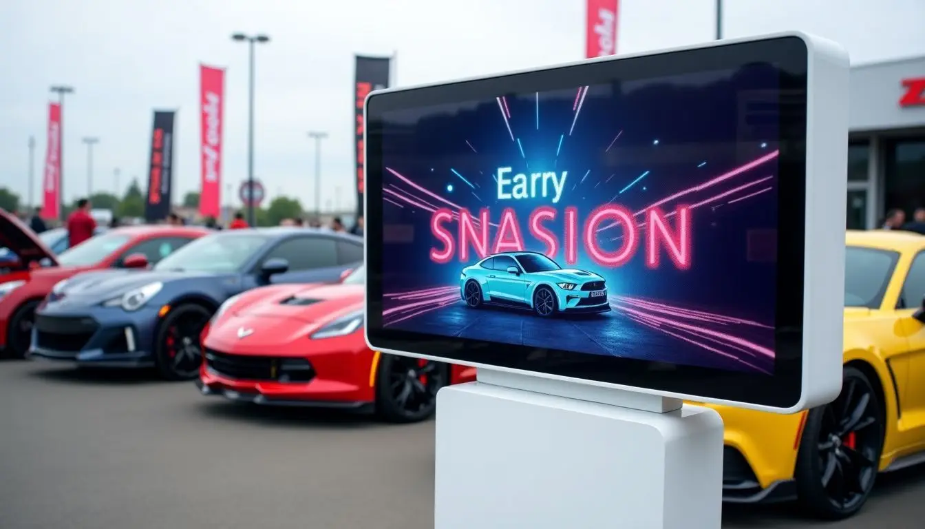 A large digital sign on a white stand at an automotive event.