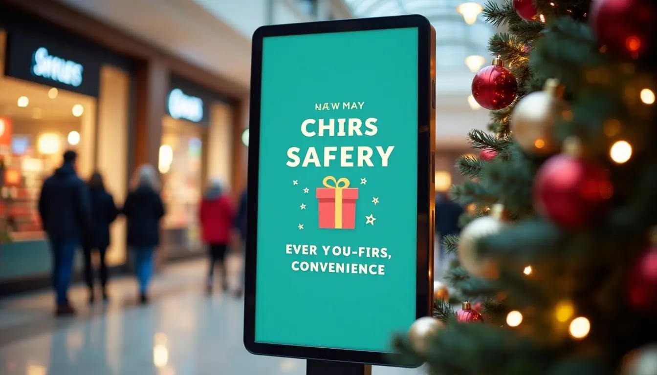 A digital signage display promotes seasonal offers in a festive shopping area.