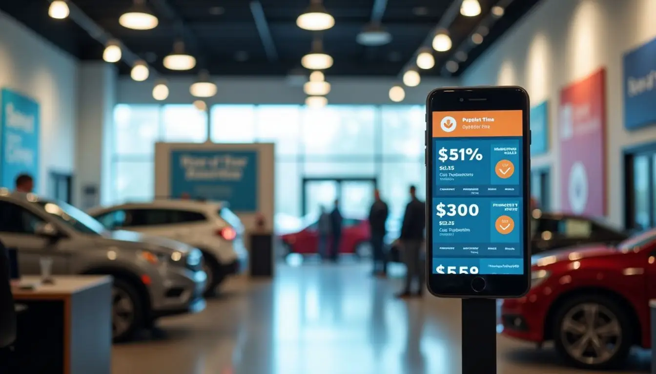 A digital sign shows real-time sales data and promotions in a car dealership showroom.