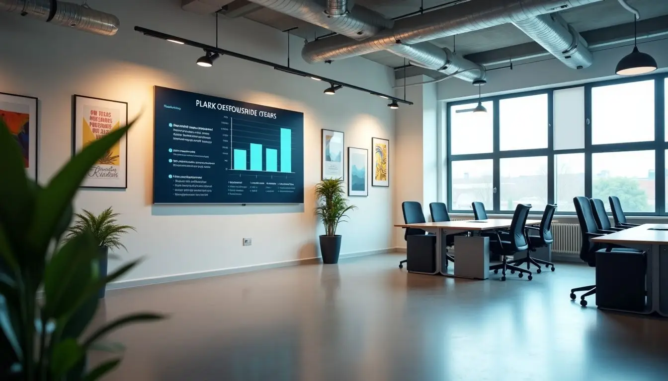 A bright office space with motivational posters and a leaderboard.