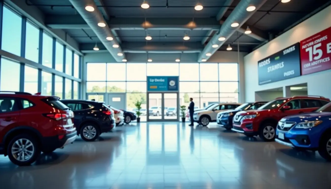 An empty, well-lit car dealership showroom with digital promotional displays.