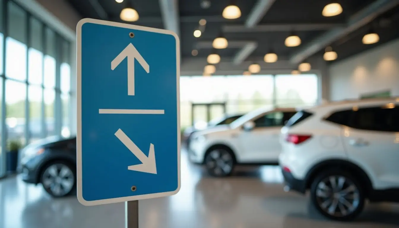 A dealership wayfinding system with clear signage and directional arrows.