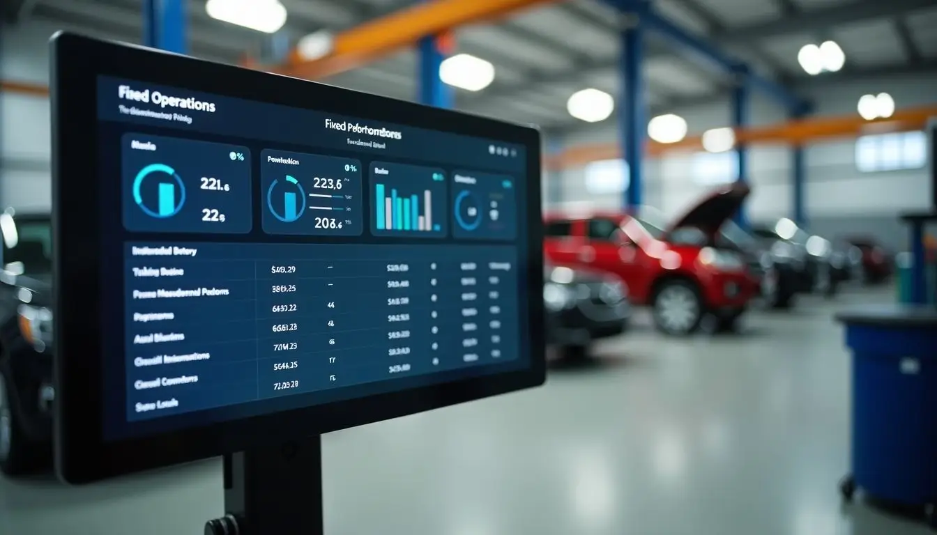 A performance metrics dashboard for fixed operations in a busy auto service department.