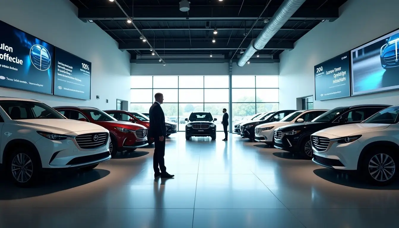 A high-tech car showroom with modern vehicles and interactive digital signs.