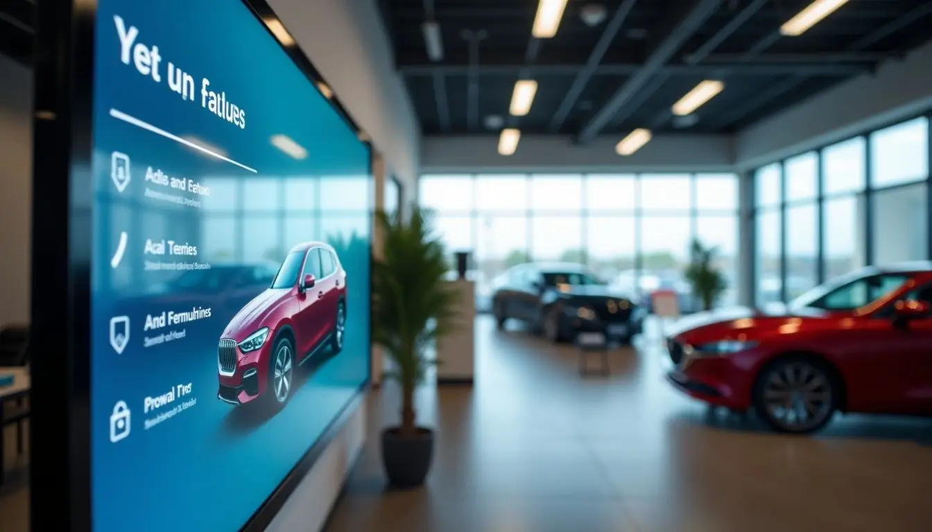 A digital sign in a modern car dealership showroom showcases personalized vehicle features.