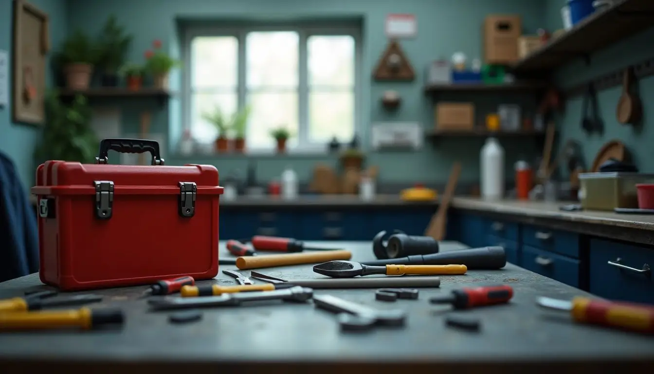 An empty workshop with scattered tools and a toolbox in focus.