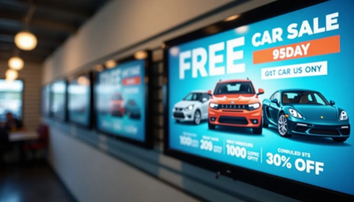 A digital signage display in an automotive store featuring car deals.