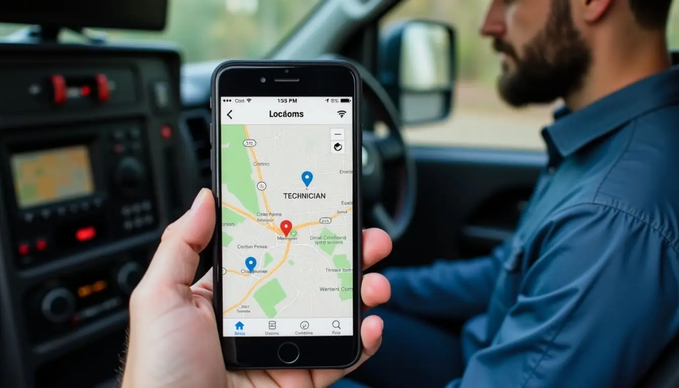 A mobile device displays real-time map of technician locations in service van.