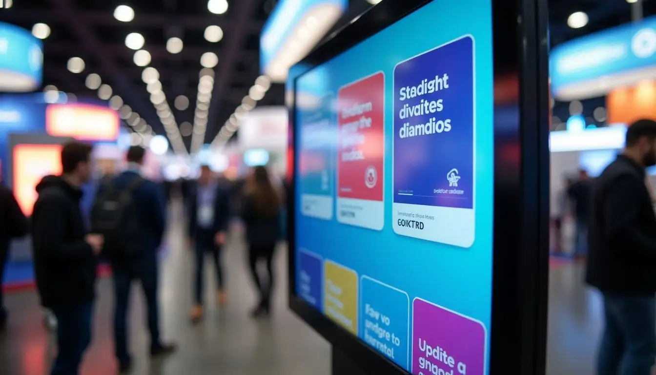 A digital sign in a trade show booth with bright, engaging visuals.